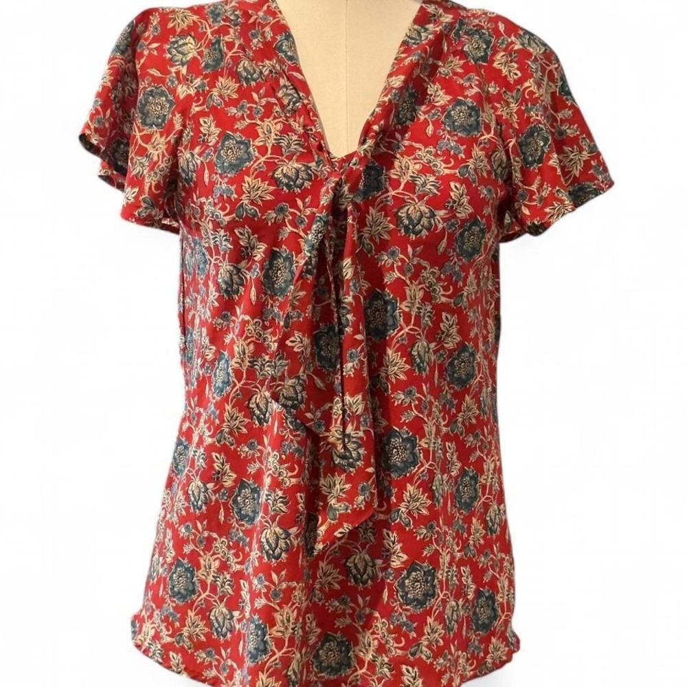 Lauren Ralph Lauren Blouse Womens S Red Floral Excellent Tie Neck Flutter Sleeve